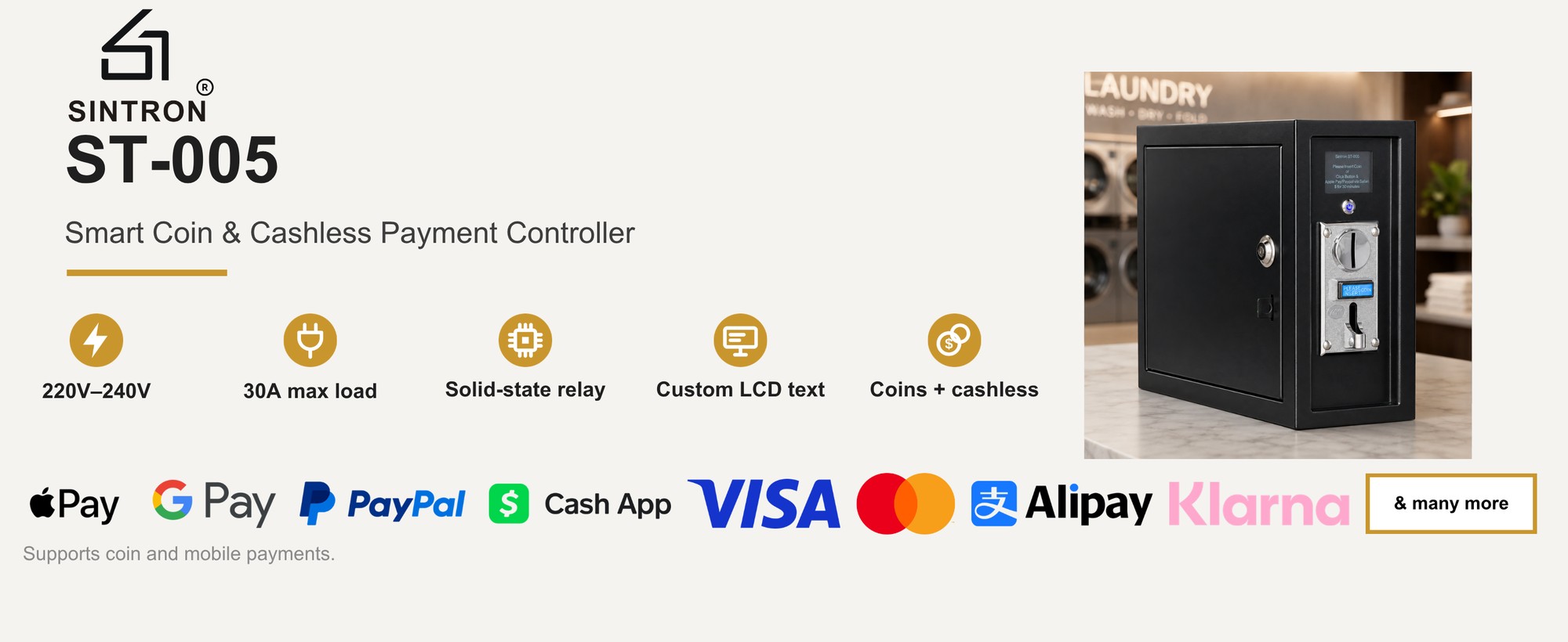 Sintron ST-005 smart coin and cashless payment controller — 220V–240V, 30A max load, solid-state relay, custom LCD text, coins + cashless